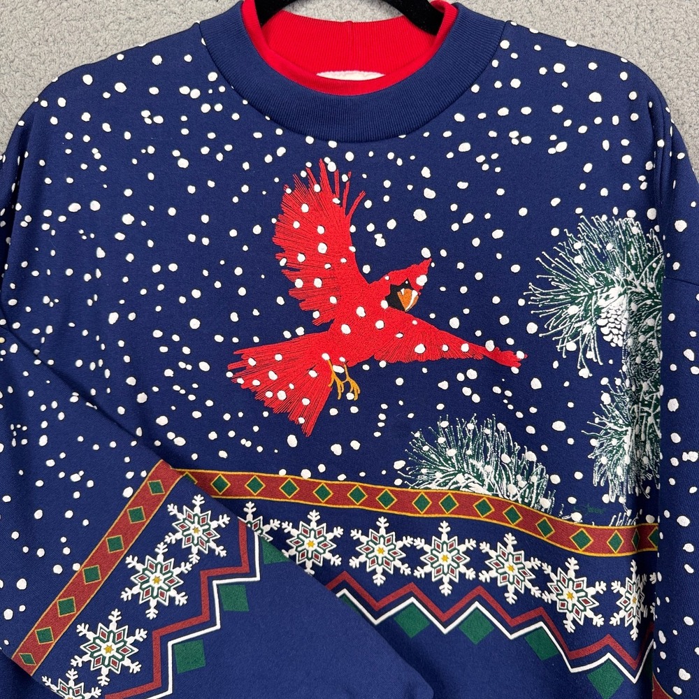 VTG Nature Sweatshirt Mens XL‎ Blue Cardinal Snow Winter Double Collar Art
